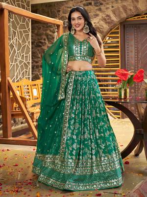 GREEN DOLA SILK SEQUINS ZARI EMBROIDERED LEHENGA CHOLI 1