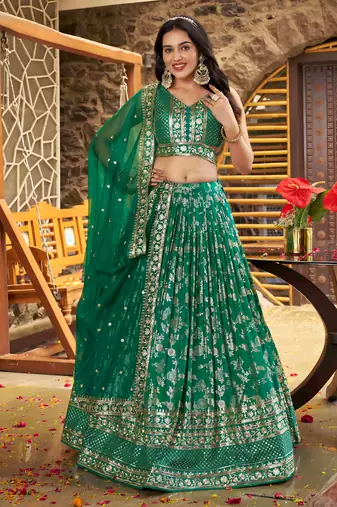 GREEN DOLA SILK SEQUINS ZARI EMBROIDERED LEHENGA CHOLI