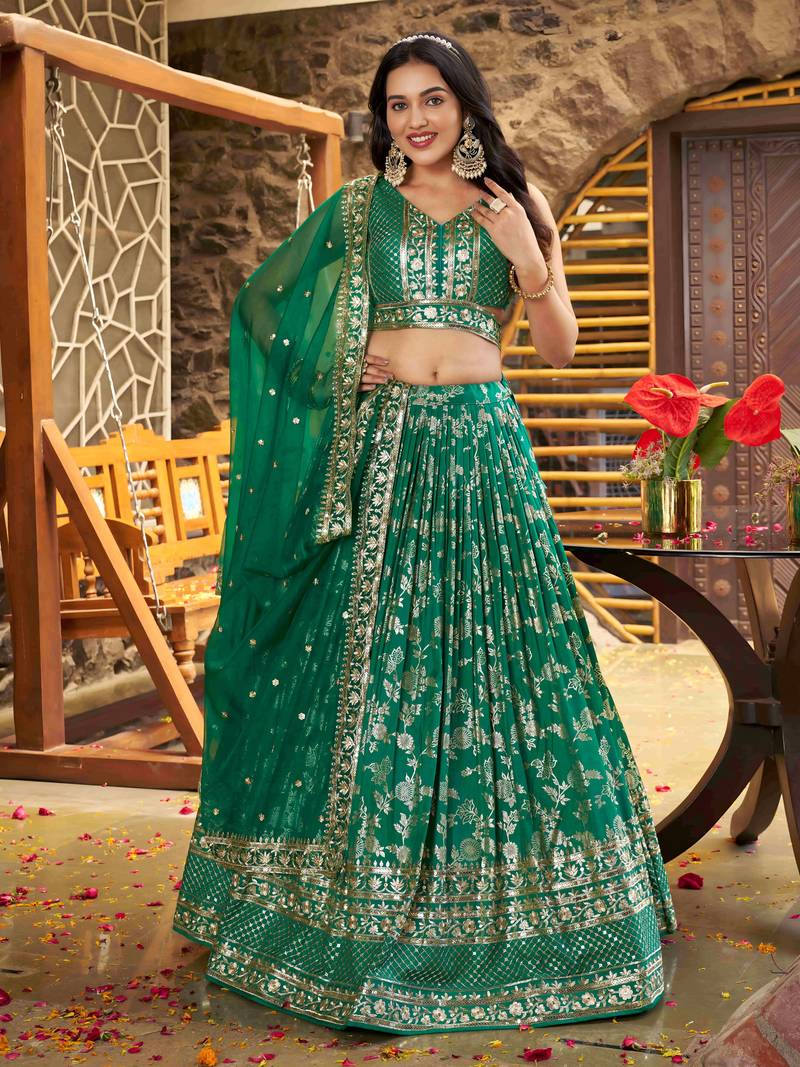 GREEN DOLA SILK SEQUINS ZARI EMBROIDERED LEHENGA CHOLI