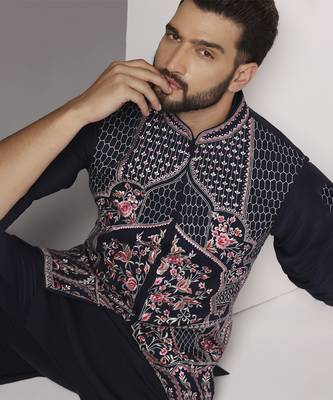 Blue embroidered crepe kurta set with blue embroidered jacket 4