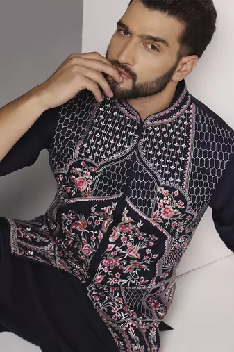 Blue embroidered crepe kurta set with blue embroidered jacket