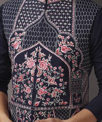 Blue embroidered crepe kurta set with blue embroidered jacket 5