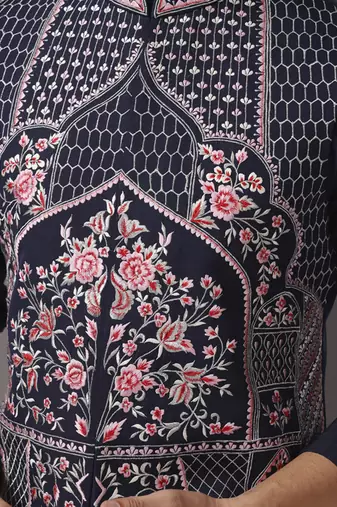 Blue embroidered crepe kurta set with blue embroidered jacket