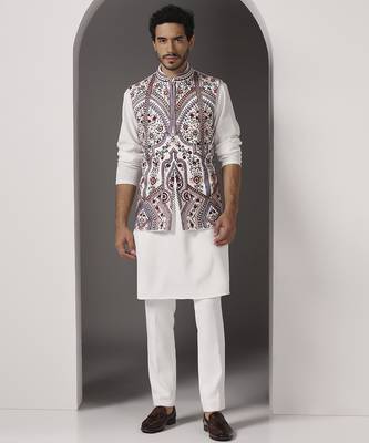 Ivory embroidered crepe kurta set with ivory embroidered jacket 1