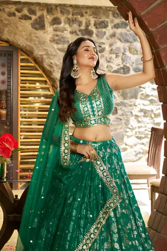 GREEN DOLA SILK SEQUINS ZARI EMBROIDERED LEHENGA CHOLI