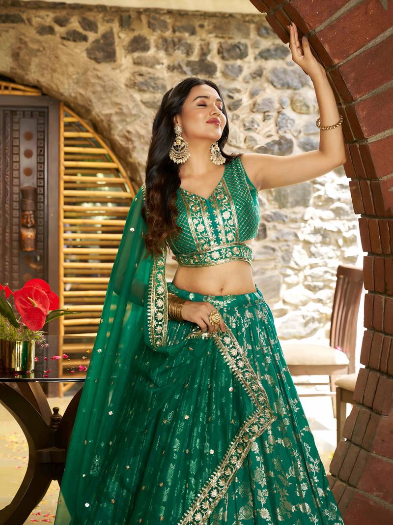 GREEN DOLA SILK SEQUINS ZARI EMBROIDERED LEHENGA CHOLI