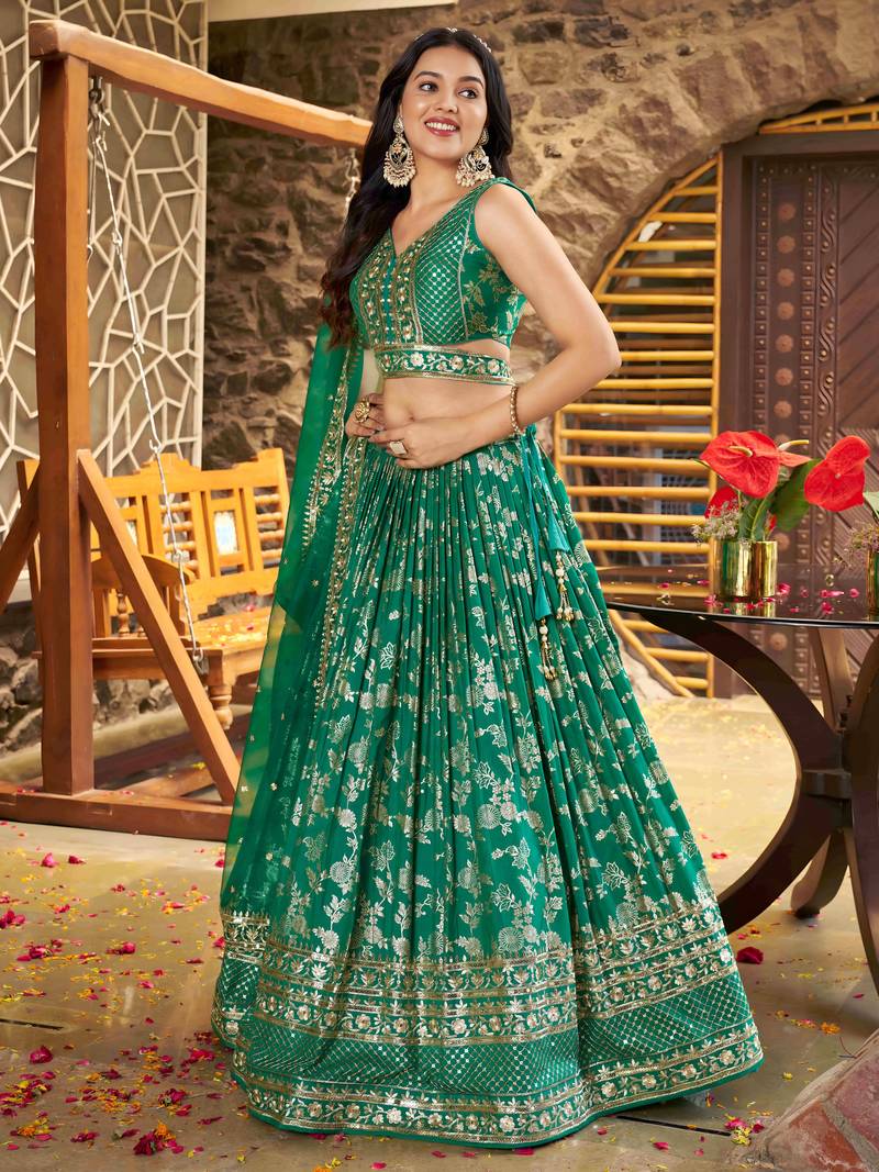 GREEN DOLA SILK SEQUINS ZARI EMBROIDERED LEHENGA CHOLI