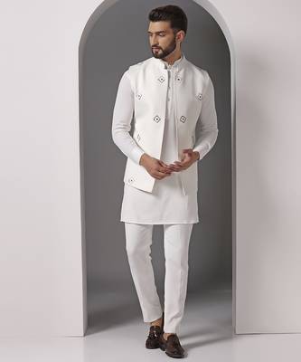 Ivory embroidered crepe kurta set with mirror ivory jacket 1