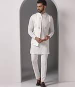 Ivory embroidered crepe kurta set with mirror ivory jacket