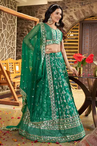 GREEN DOLA SILK SEQUINS ZARI EMBROIDERED LEHENGA CHOLI