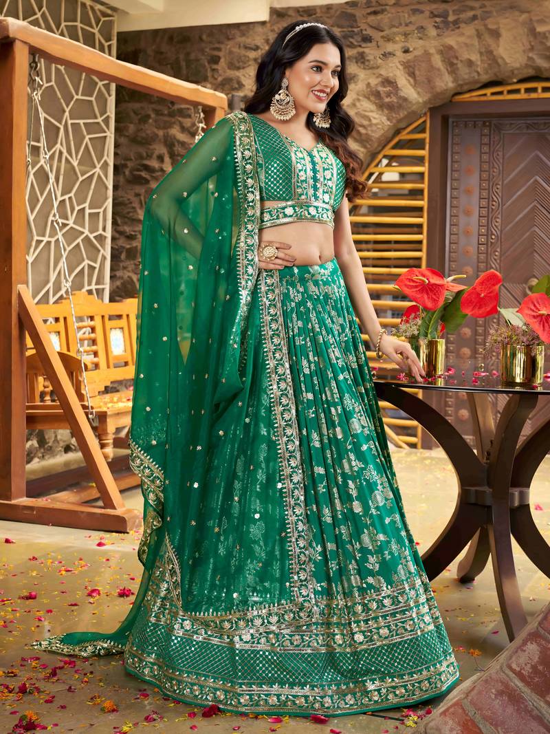 GREEN DOLA SILK SEQUINS ZARI EMBROIDERED LEHENGA CHOLI