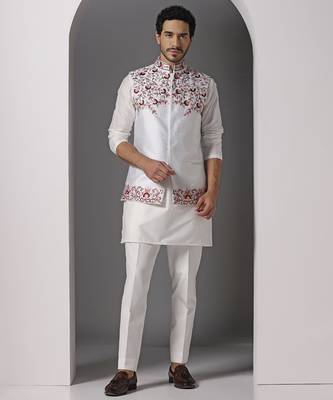 Ivory embroidered silk kurta set with ivory embroidered jacket 1