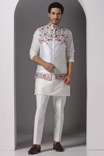 Ivory embroidered silk kurta set with ivory embroidered jacket