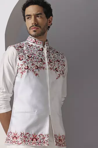 Ivory embroidered silk kurta set with ivory embroidered jacket