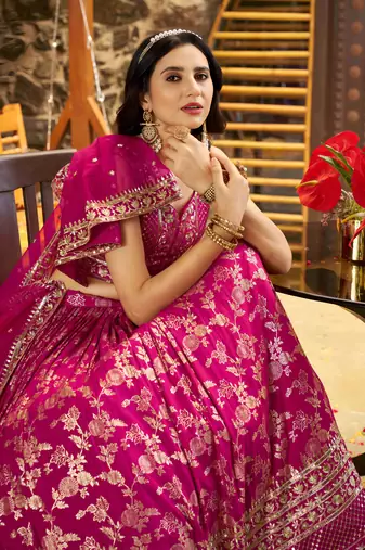 RANI PINK DOLA SILK SEQUINS ZARI EMBROIDERED LEHENGA CHOLI