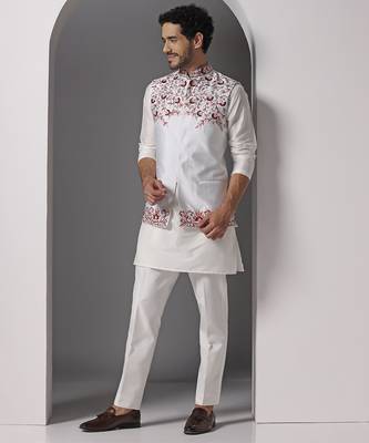 Ivory embroidered silk kurta set with ivory embroidered jacket 3