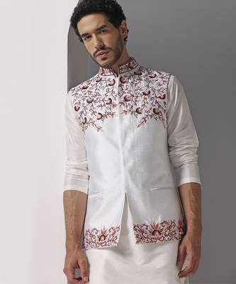 Ivory embroidered silk kurta set with ivory embroidered jacket 4