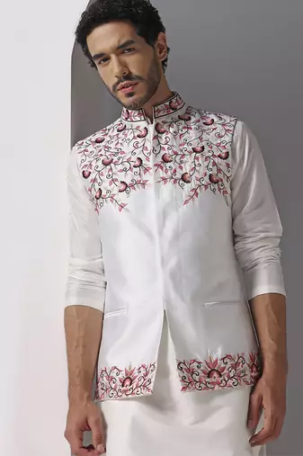 Ivory embroidered silk kurta set with ivory embroidered jacket