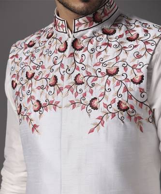 Ivory embroidered silk kurta set with ivory embroidered jacket 5