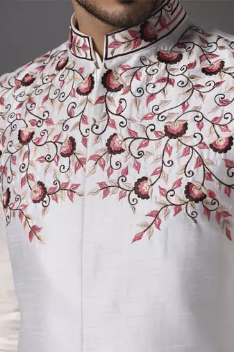 Ivory embroidered silk kurta set with ivory embroidered jacket