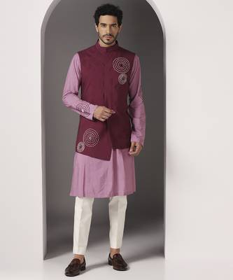 Pink embroidered cotton silk kurta set with maroon embroidered jacket 1