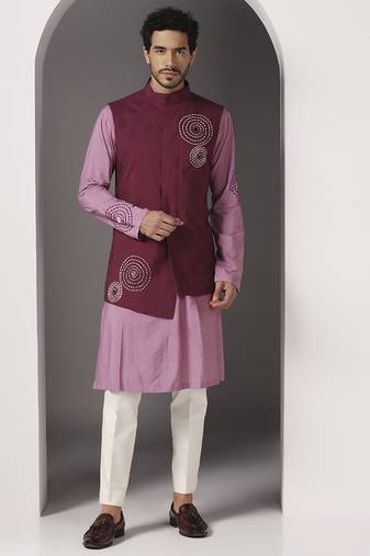 Pink embroidered cotton silk kurta set with maroon embroidered jacket