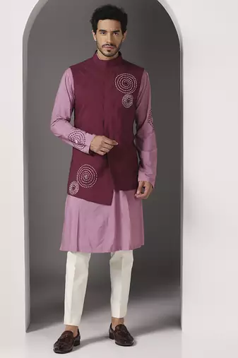 Pink embroidered cotton silk kurta set with maroon embroidered jacket