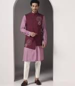 Pink embroidered cotton silk kurta set with maroon embroidered jacket