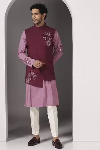 Pink embroidered cotton silk kurta set with maroon embroidered jacket