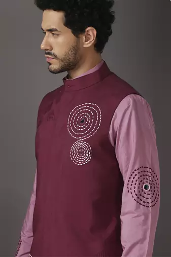 Pink embroidered cotton silk kurta set with maroon embroidered jacket