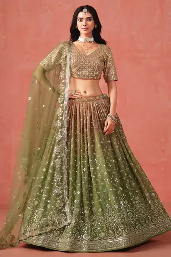MEHENDI GEORGETTE SEQUINS ZARI EMBROIDERED LEHENGA CHOLI