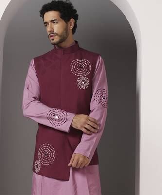 Pink embroidered cotton silk kurta set with maroon embroidered jacket 5