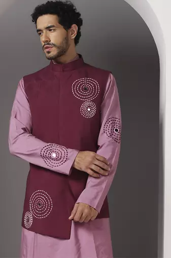 Pink embroidered cotton silk kurta set with maroon embroidered jacket