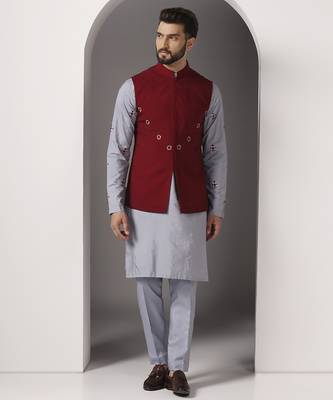 Grey embroidered cotton silk kurta set with maroon embroidered jacket 1