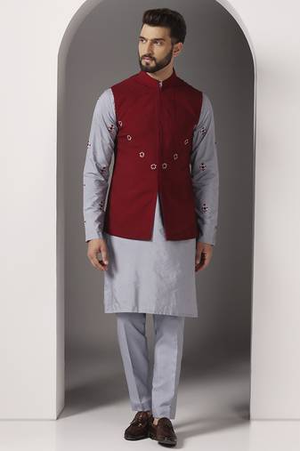 Grey embroidered cotton silk kurta set with maroon embroidered jacket