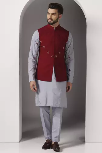 Grey embroidered cotton silk kurta set with maroon embroidered jacket