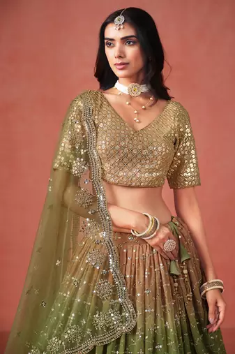 MEHENDI GEORGETTE SEQUINS ZARI EMBROIDERED LEHENGA CHOLI