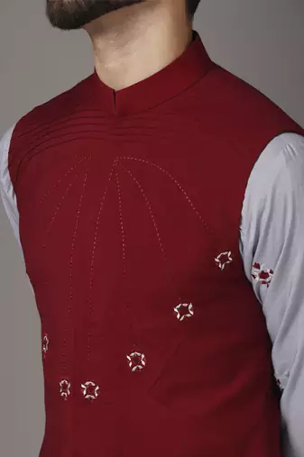 Grey embroidered cotton silk kurta set with maroon embroidered jacket