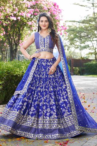 ROYAL BLUE DOLA SILK SEQUINS ZARI EMBROIDERED LEHENGA CHOLI