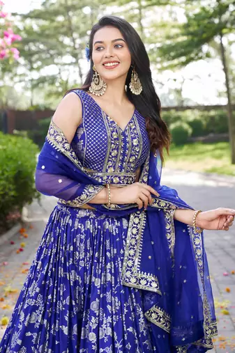 ROYAL BLUE DOLA SILK SEQUINS ZARI EMBROIDERED LEHENGA CHOLI