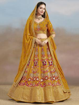 YELLOW GEORGETTE SEQUINS THREAD ZARI EMBROIDERED LEHENGA CHOLI 1