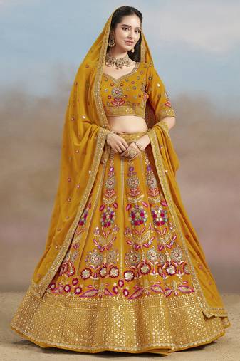 YELLOW GEORGETTE SEQUINS THREAD ZARI EMBROIDERED LEHENGA CHOLI