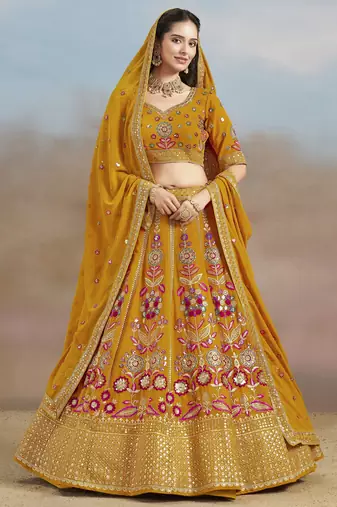 YELLOW GEORGETTE SEQUINS THREAD ZARI EMBROIDERED LEHENGA CHOLI
