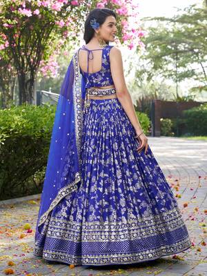 ROYAL BLUE DOLA SILK SEQUINS ZARI EMBROIDERED LEHENGA CHOLI 4