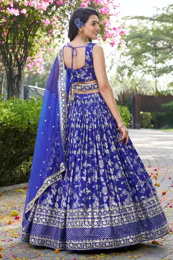 ROYAL BLUE DOLA SILK SEQUINS ZARI EMBROIDERED LEHENGA CHOLI