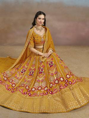YELLOW GEORGETTE SEQUINS THREAD ZARI EMBROIDERED LEHENGA CHOLI 4