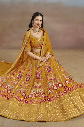 YELLOW GEORGETTE SEQUINS THREAD ZARI EMBROIDERED LEHENGA CHOLI