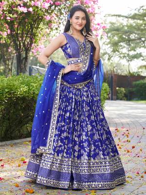 ROYAL BLUE DOLA SILK SEQUINS ZARI EMBROIDERED LEHENGA CHOLI 5