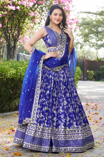 ROYAL BLUE DOLA SILK SEQUINS ZARI EMBROIDERED LEHENGA CHOLI