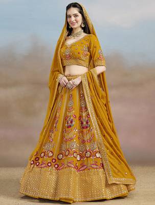 YELLOW GEORGETTE SEQUINS THREAD ZARI EMBROIDERED LEHENGA CHOLI 6